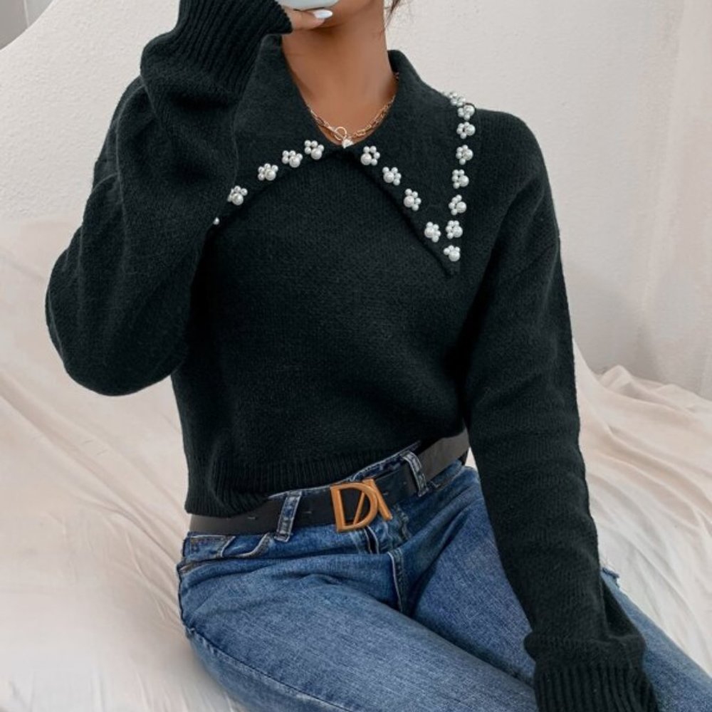 Collar Pearl Detail Drop Shoulder Sweater - Picture 5 of 6